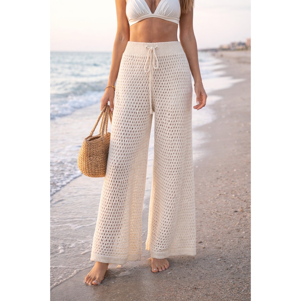Crochet Beach CoverUp Pants Women's M Ivory Wide Leg Swim Cover Up Resort Cruise - Picture 1 of 4